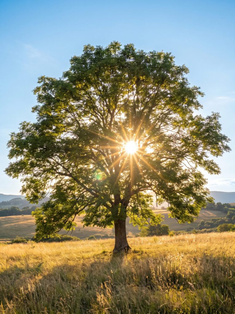 Psychologische Lebensberatung online – Esche mit Sonne in ruhiger Morgenlandschaft