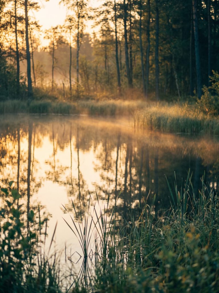 Akasha-Chronik lesen lassen – ruhiger Waldsee mit Spiegelung und Morgennebel im goldenen Licht
