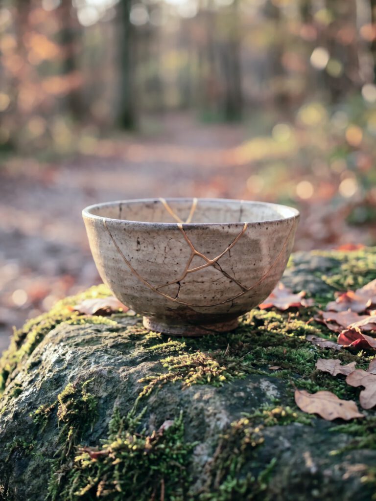 Kintsugi-Schale mit goldenen Rissen auf moosbewachsenem Stein im Wald – Sinnbild dafür, Seelenanteile zurückholen und energetisch reinigen